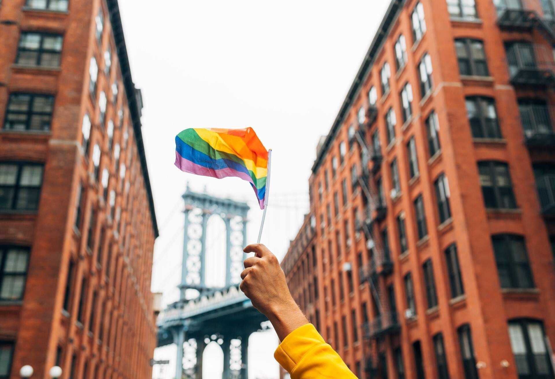Hand holding rainbow flag with Manhattan Bridge in background. SoHO NYC