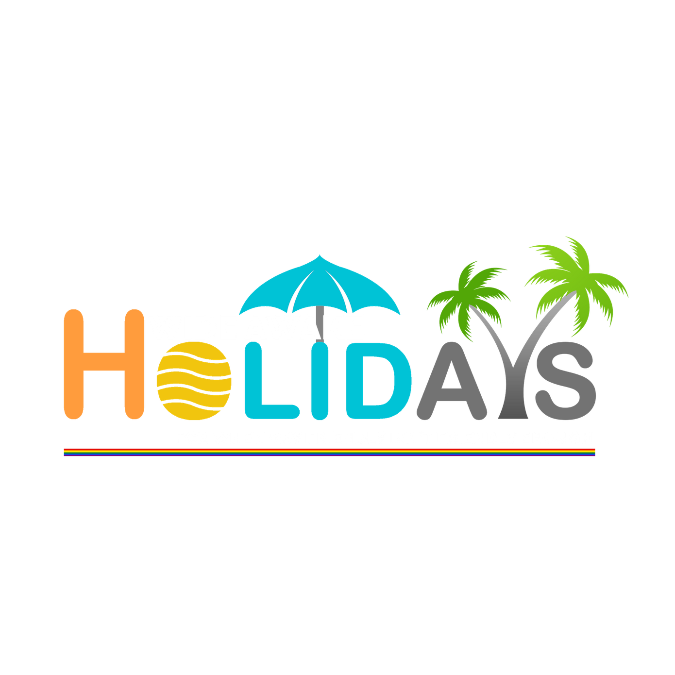 A logo for holidays with palm trees and an umbrella.