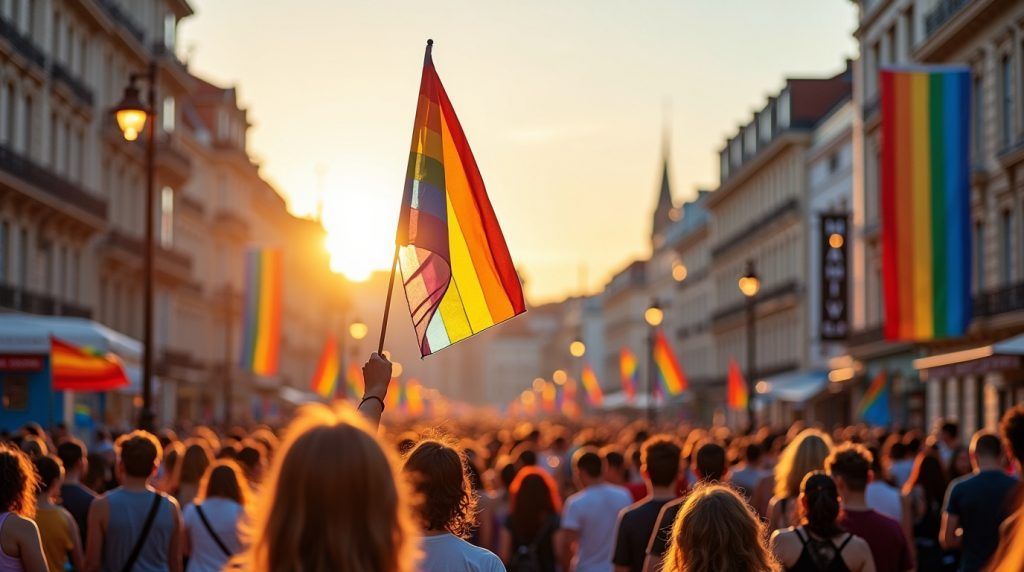 Crowd at Pride parade, rainbow flag waving, sunlight, buildings.