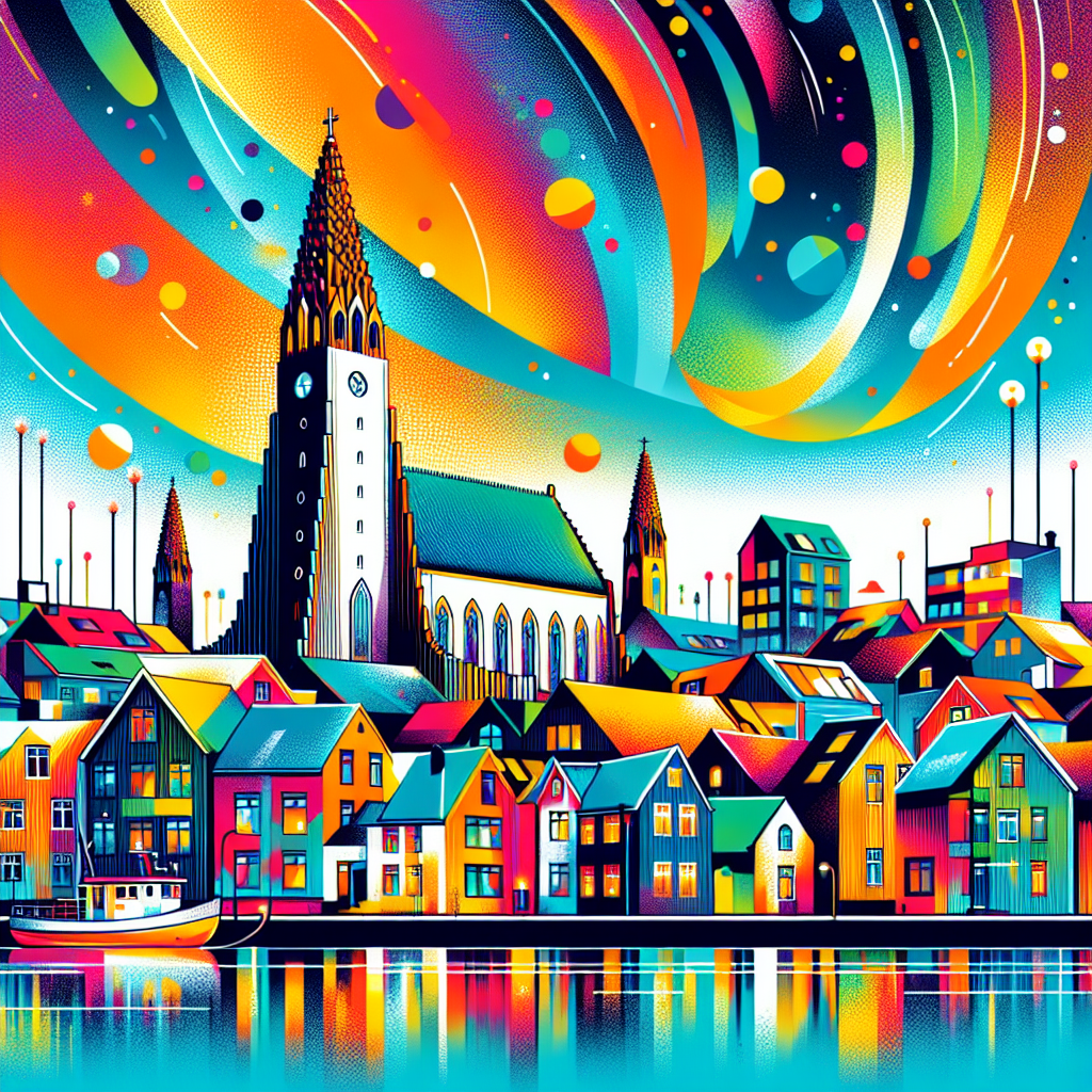 A colorful painting of a city with a church in the background