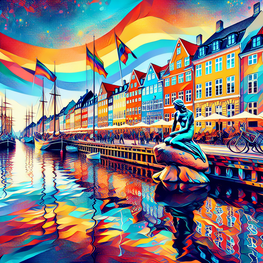 A colorful painting of the little mermaid in copenhagen.