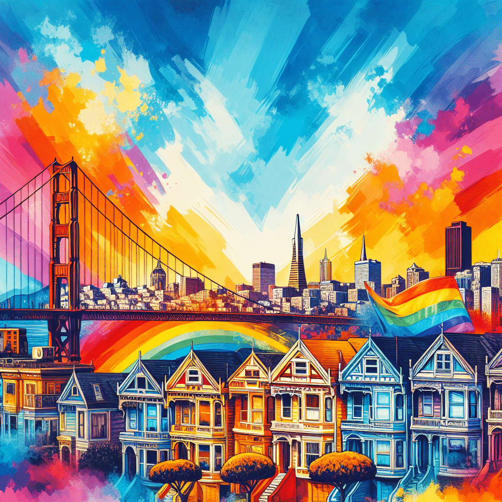 A painting of a city with a bridge and a rainbow in the background.