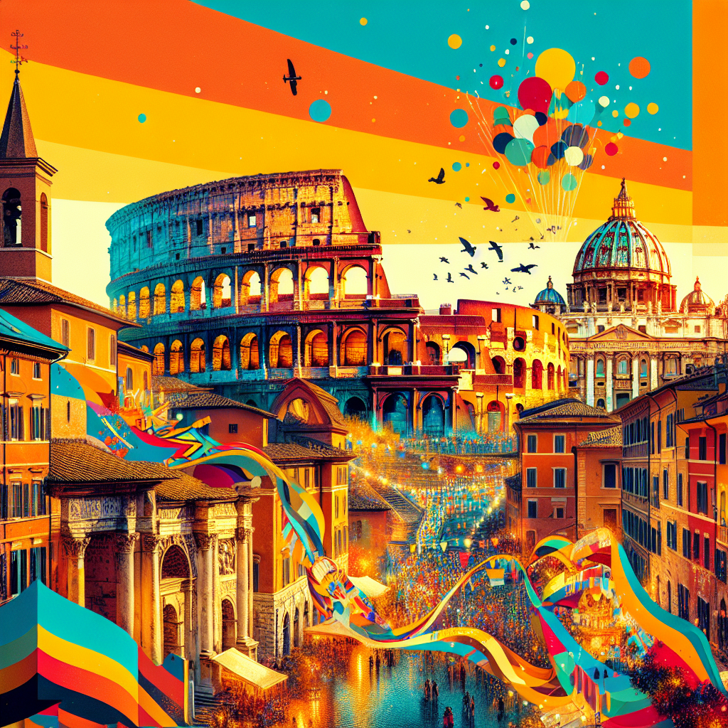 A colorful painting of a city with the colosseum in the background