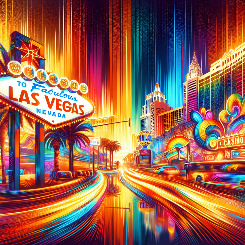 A colorful painting of a city street with a sign that says `` welcome to fabulous las vegas nevada ''.