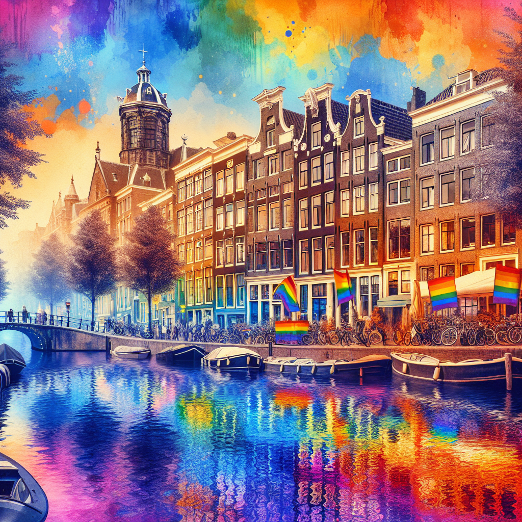 A painting of a city with a rainbow flag in the water