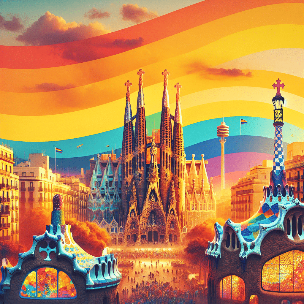 A painting of a cathedral with a rainbow in the background