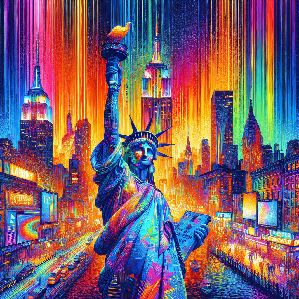 A colorful painting of the statue of liberty in front of a city skyline.
