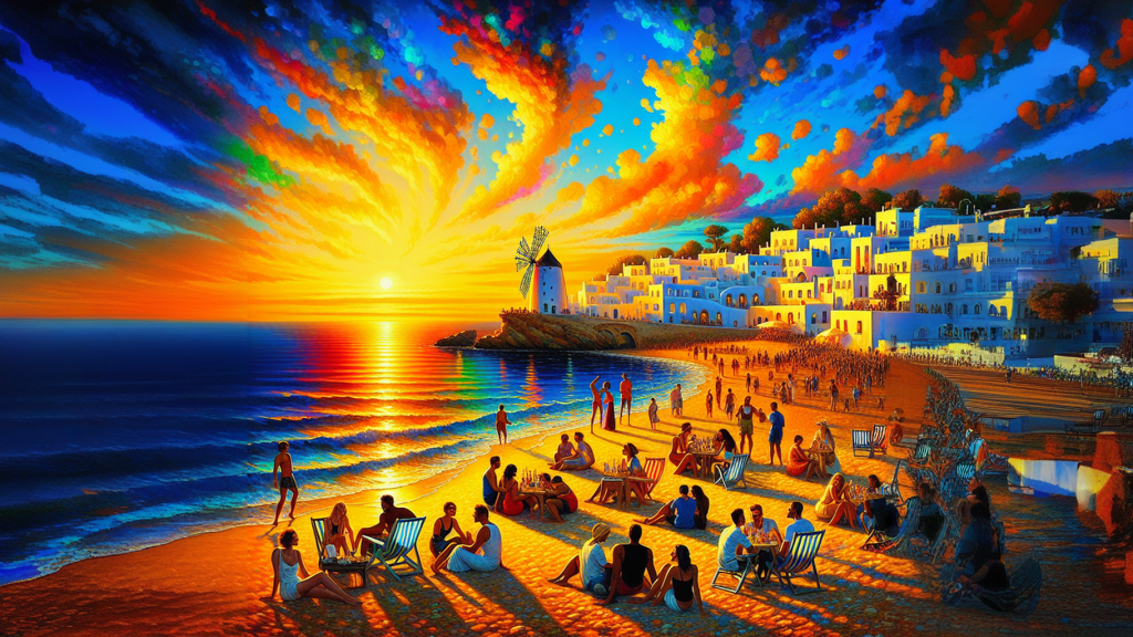 A painting of people sitting on a beach at sunset.