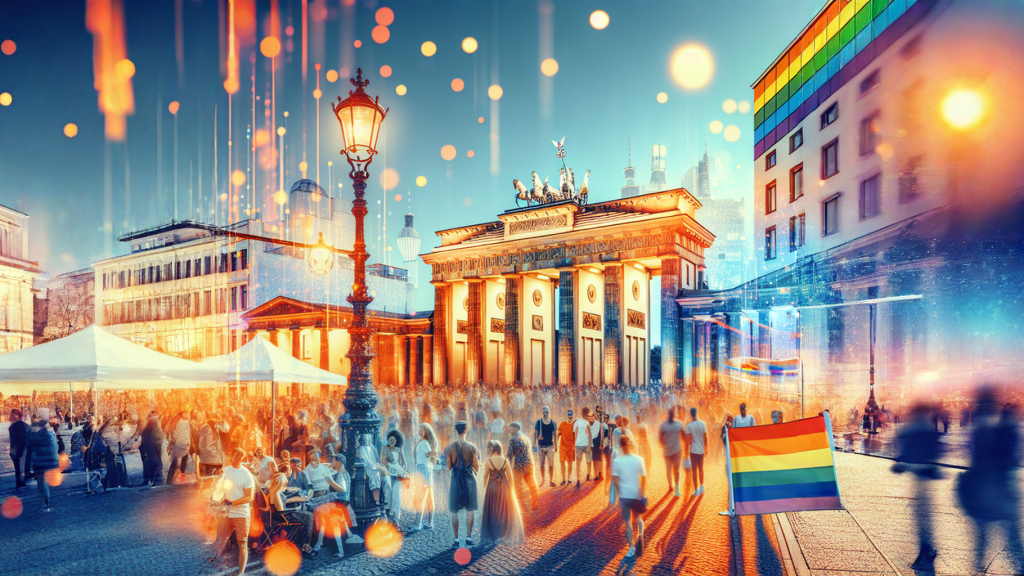 A group of people are walking down a street with a rainbow flag in front of a building.