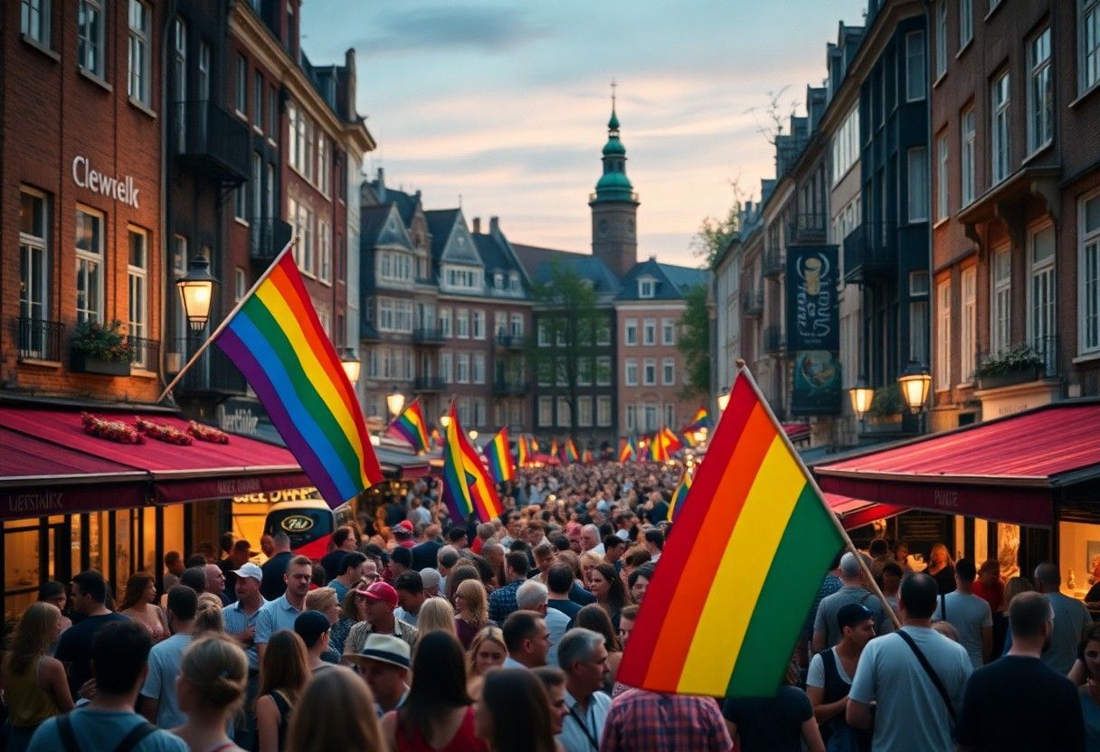 Pride parade on a city street, people waving rainbow flags, celebrating LGBTQ+ community. Amsterdam – Freedom and Expression
