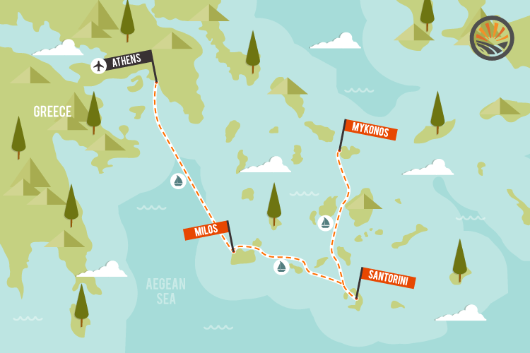 A map of greece with flags on it and a compass.
