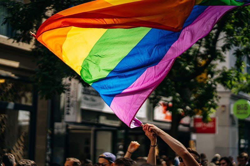 Rainbow flag held aloft by a crowd of people; sunny day.