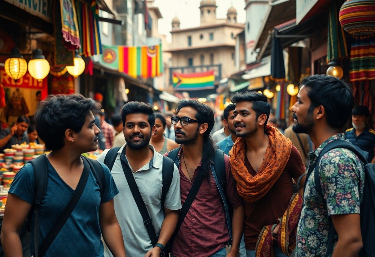 Group of young men in a bustling market, smiling and talking, with colorful flags and buildings in the background.