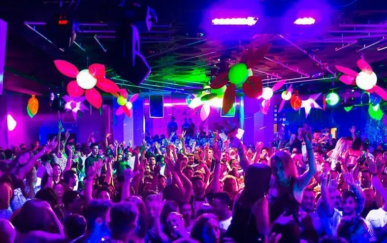 Crowd dancing in a brightly lit club with neon lights and floral decorations. Arms raised.