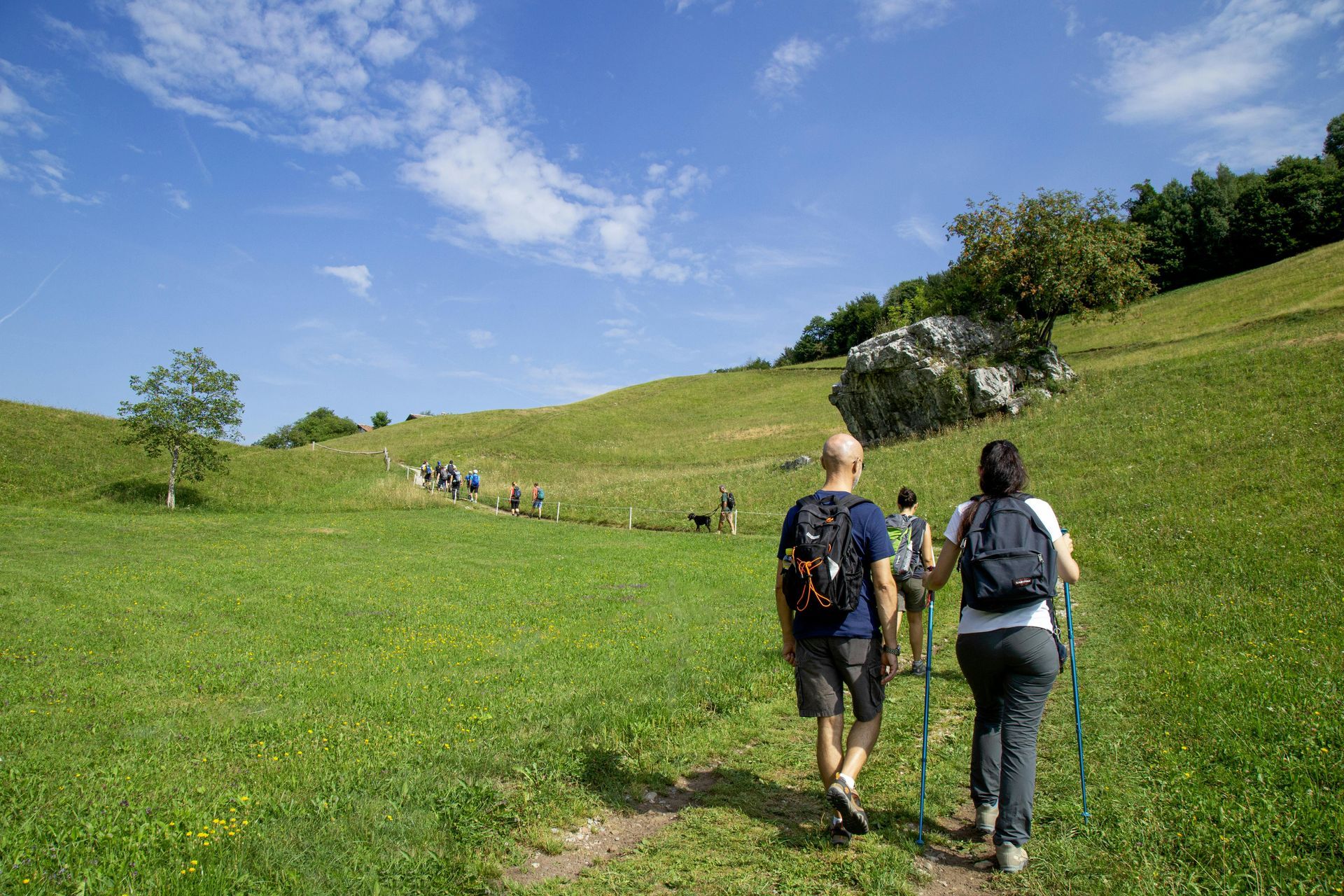 Person with arms outstretched atop green hills, mountain in background, cloudy sky.