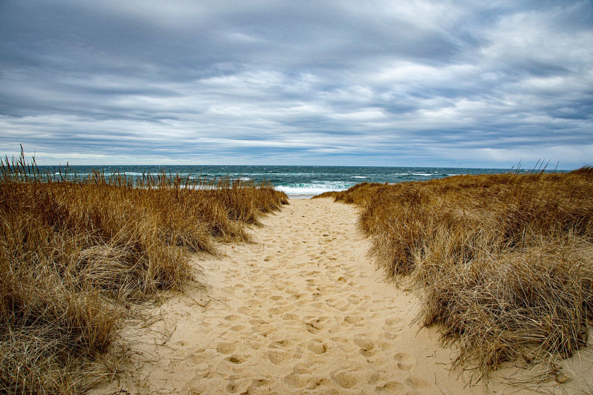 Path through sand dunes leading to a cloudy ocean; tan grasses border the path under a gray sky. Provincetown, Massachusetts