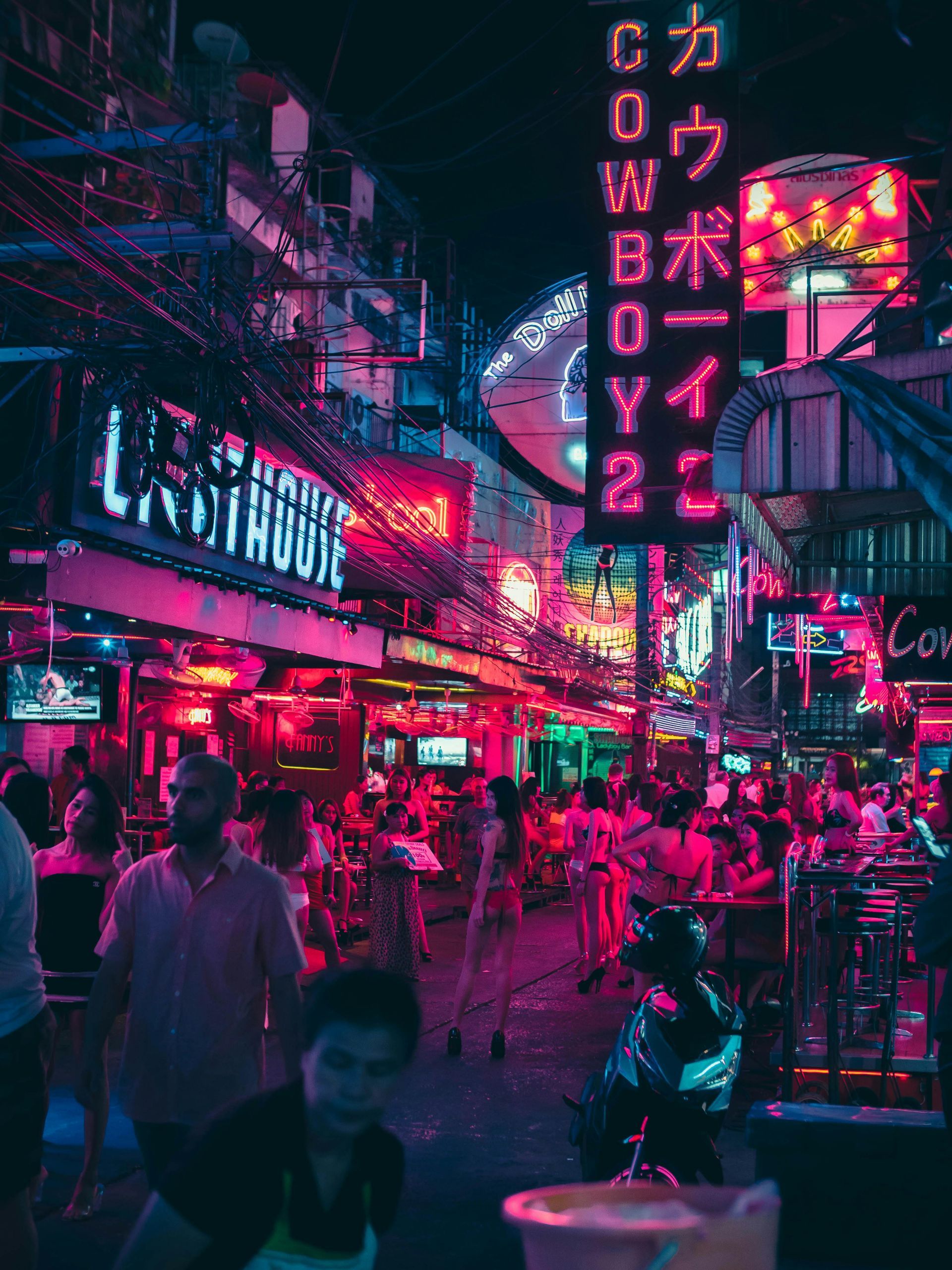 Neon-lit street scene,