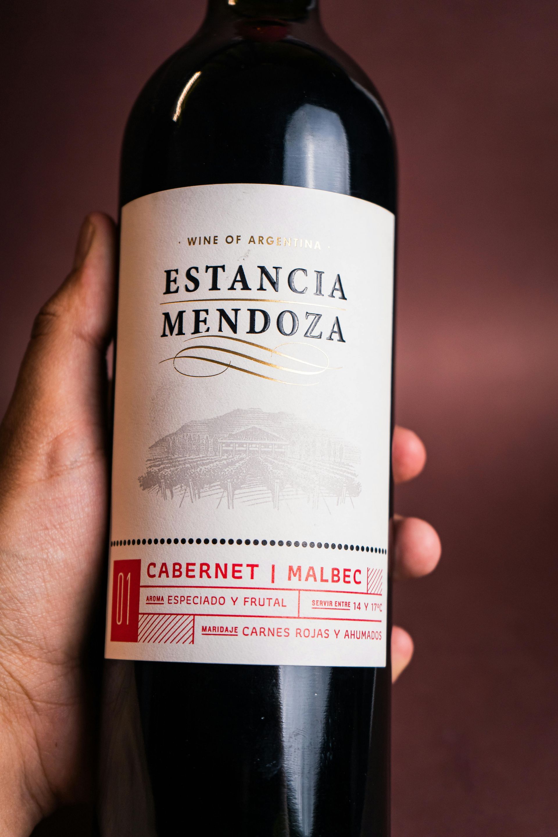 A hand holding a bottle of Estancia Mendoza red wine. The label says