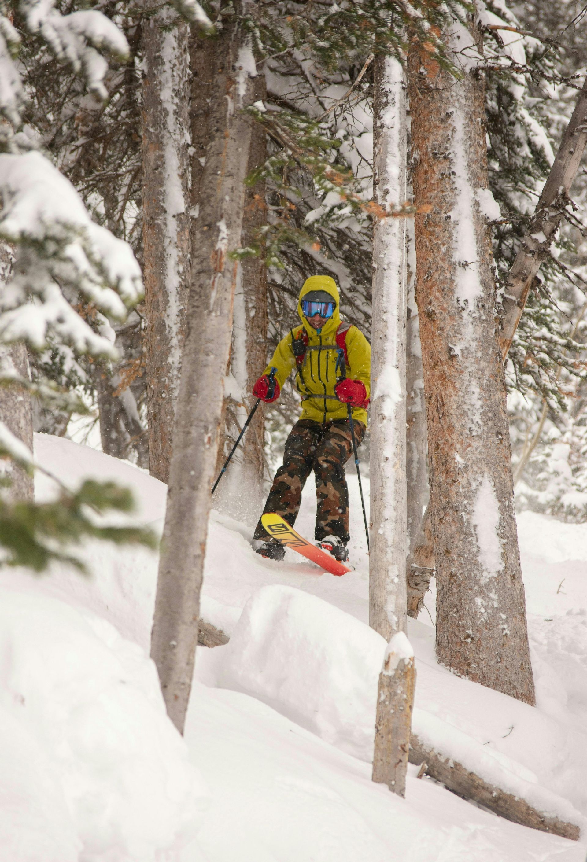Skier in yellow jacket carves down snow-covered slope through trees, blue goggles, red gloves.