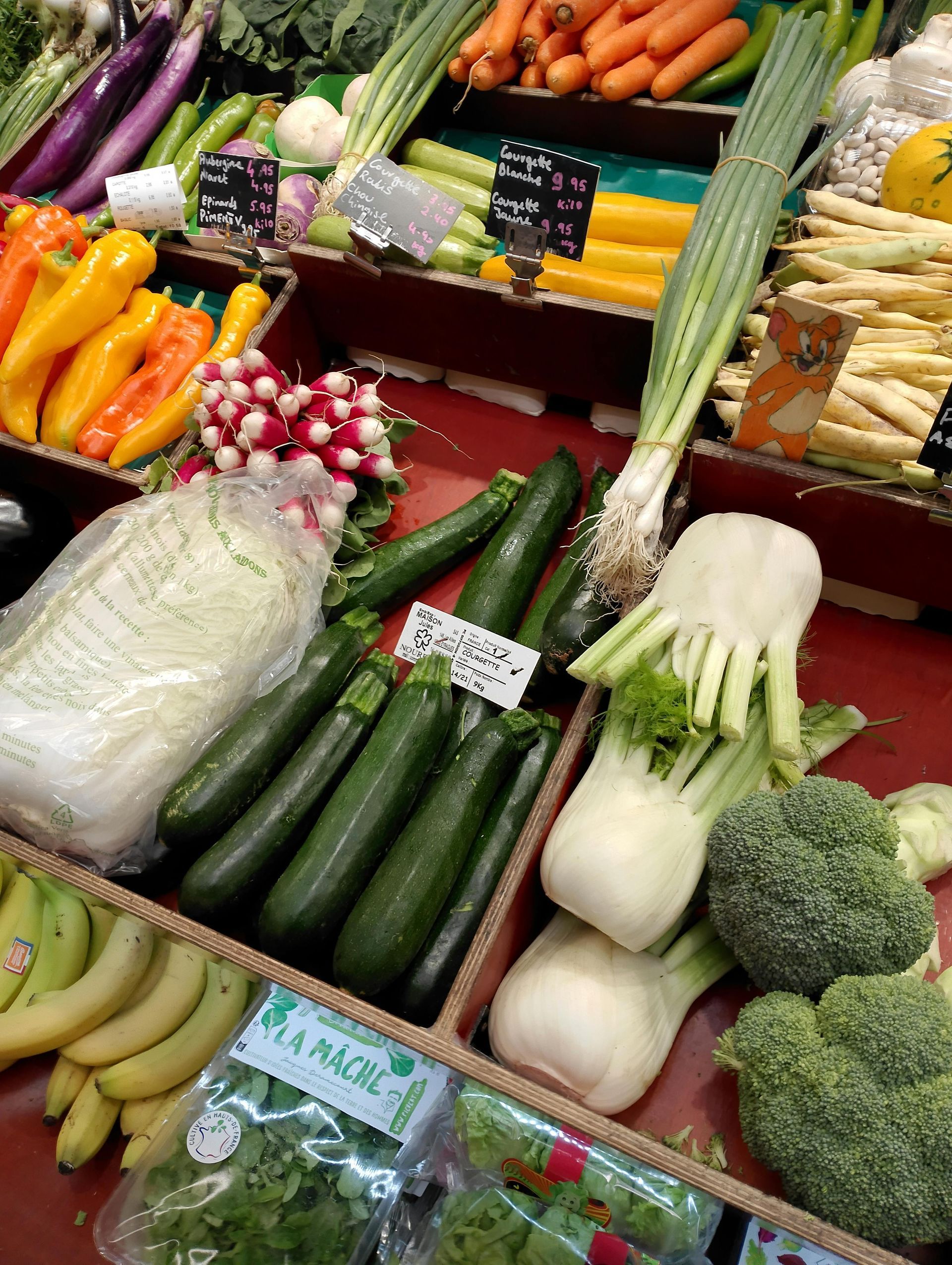A diverse display of fresh produce at a market, including zucchini, fennel, broccoli, peppers, bananas, and carrots.