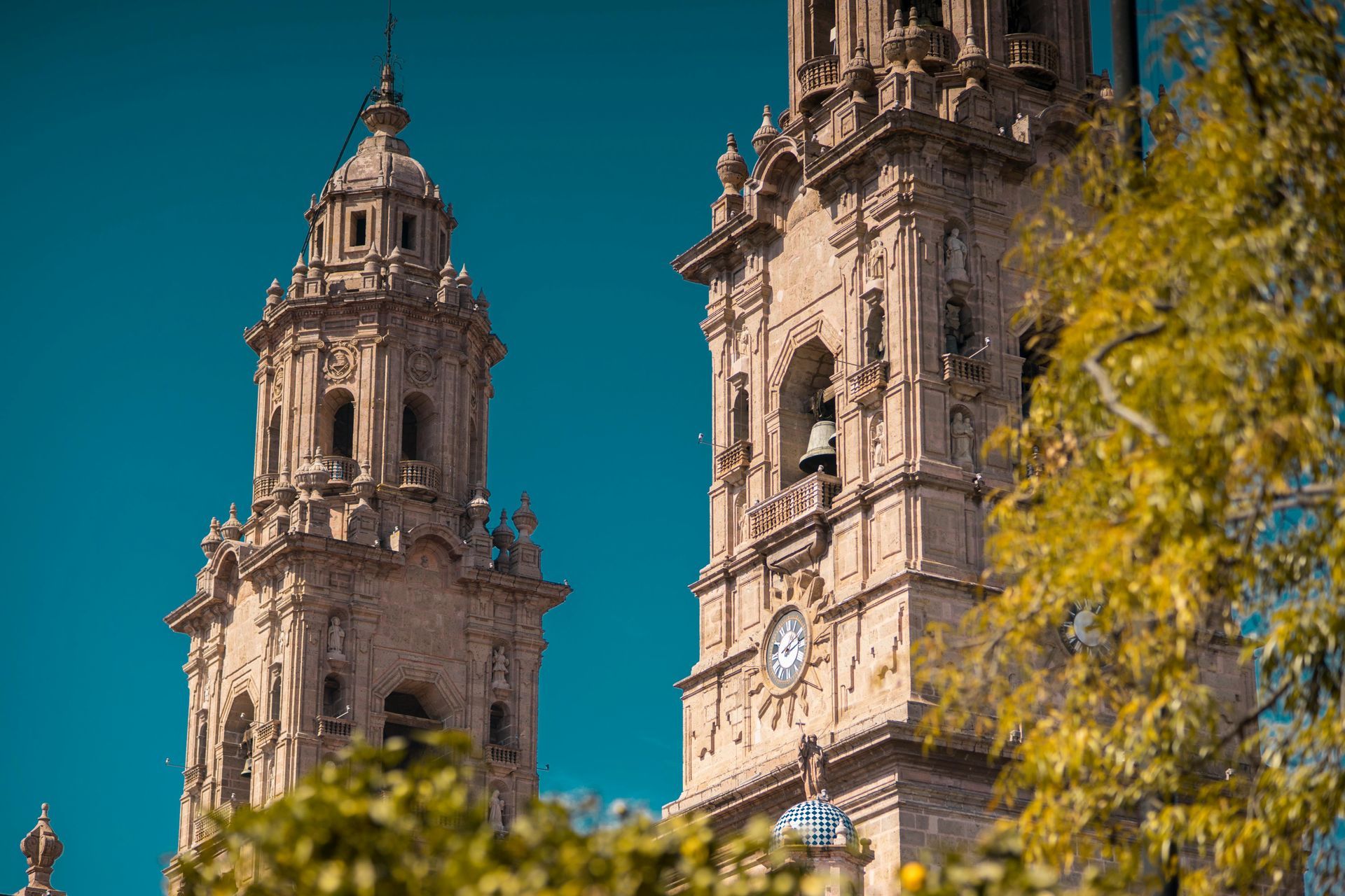 Two ornate beige cathedral towers against a blue sky, partially framed by green foliage.