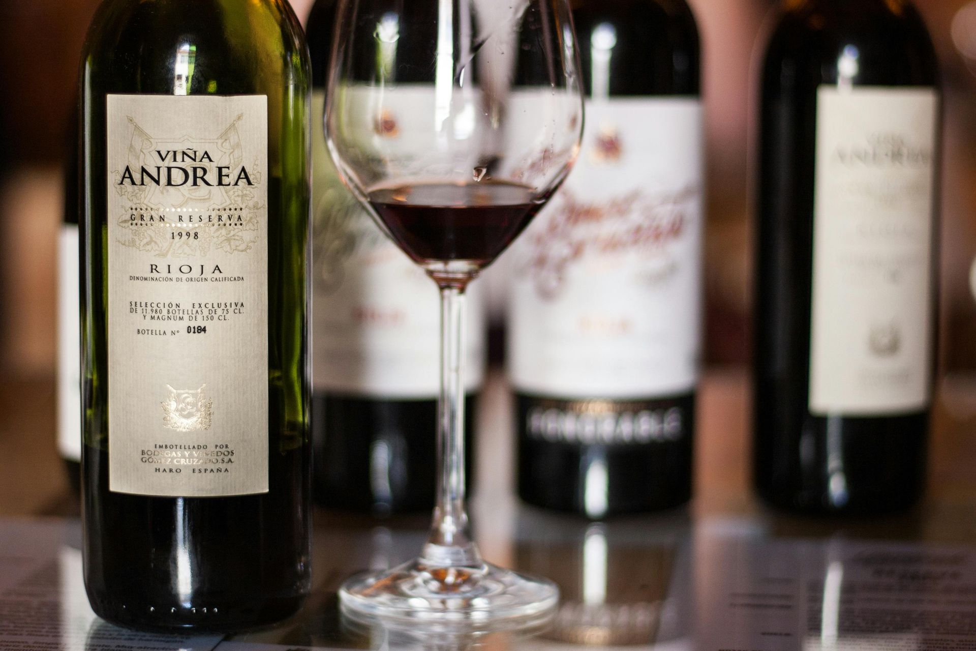 A hand holding a bottle of Estancia Mendoza red wine. The label says