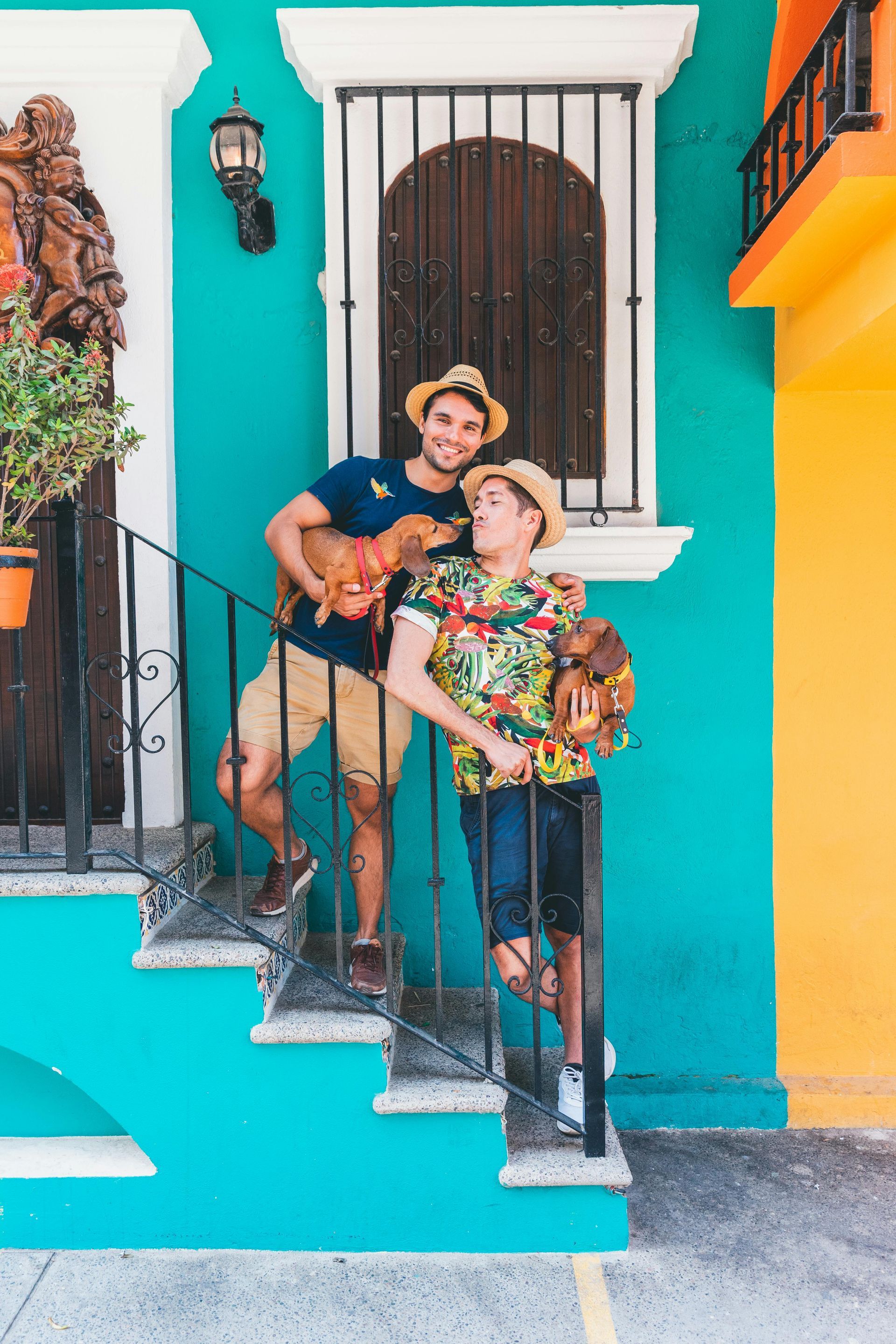 Two men, holding small dogs, smile on teal stairs. Colorful buildings in background.
