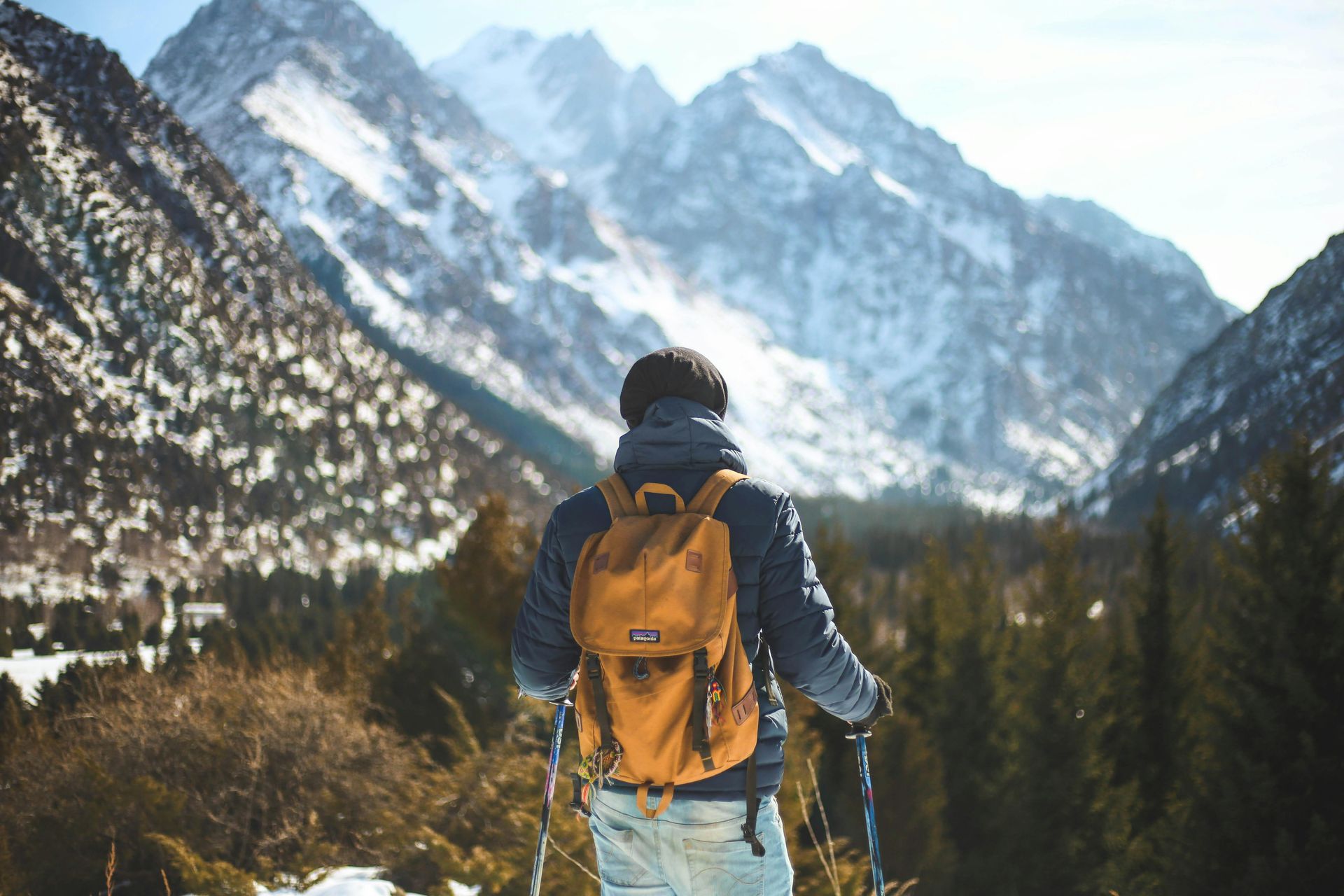 Hiker with a brown backpack and trekking poles looks at snow-covered mountains.