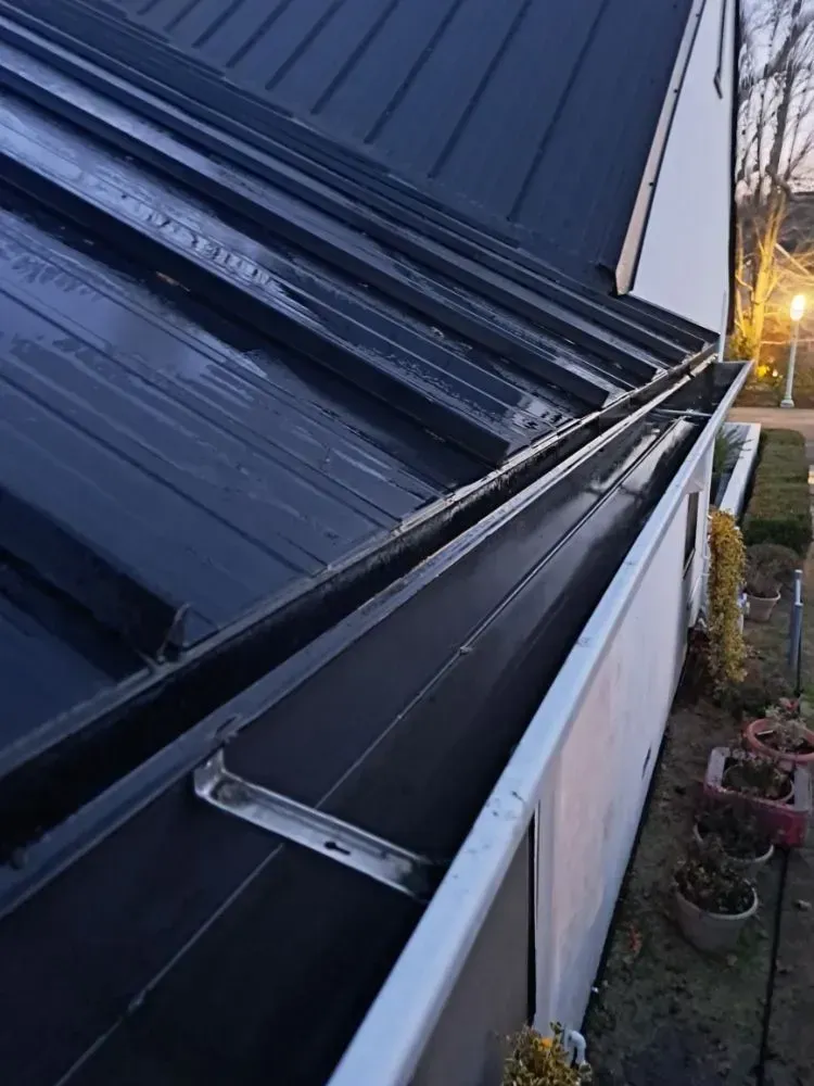 Black metal roof with matching gutters along the side of a white house.