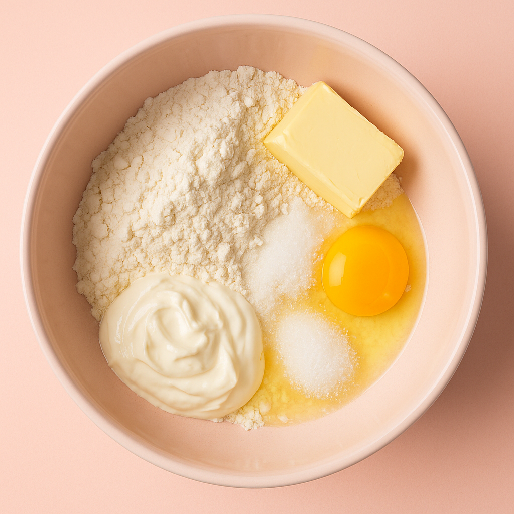 Bowl with flour, butter, egg, sugar, and yogurt on a pink surface.