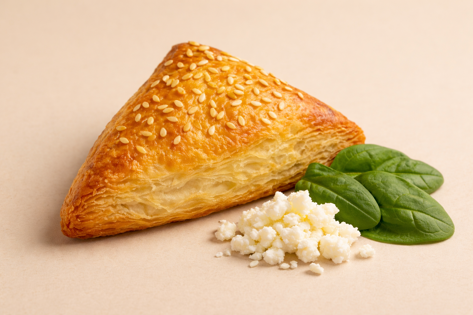 Golden pastry triangle with sesame seeds, beside spinach leaves and crumbled feta cheese.