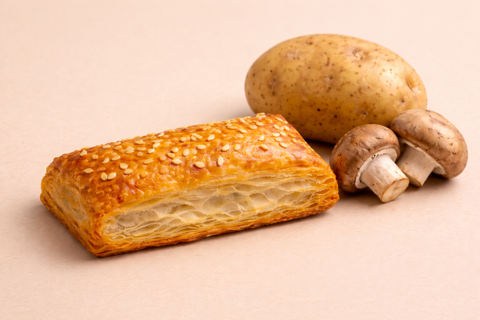 Pastry with sesame seeds next to a potato and two mushrooms on a neutral background.