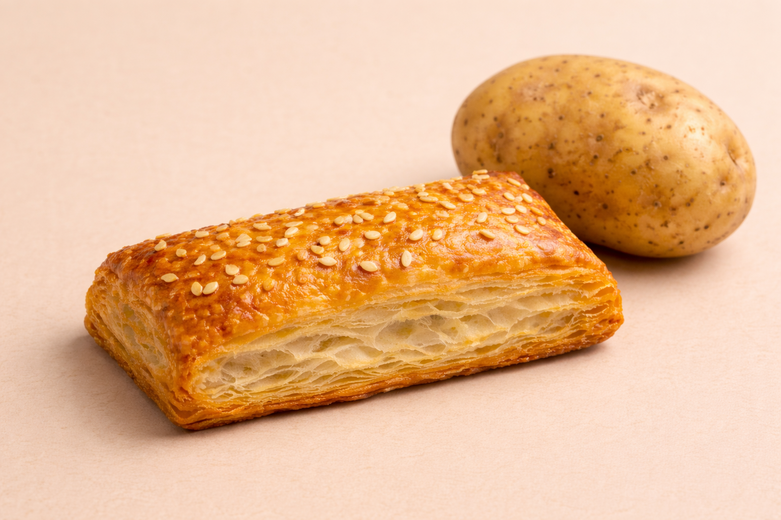 Puff pastry with sesame seeds beside a raw potato on a beige surface.