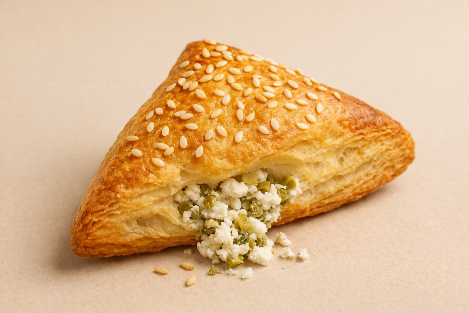 Triangular pastry with sesame seeds, filling spilling out onto a beige surface.