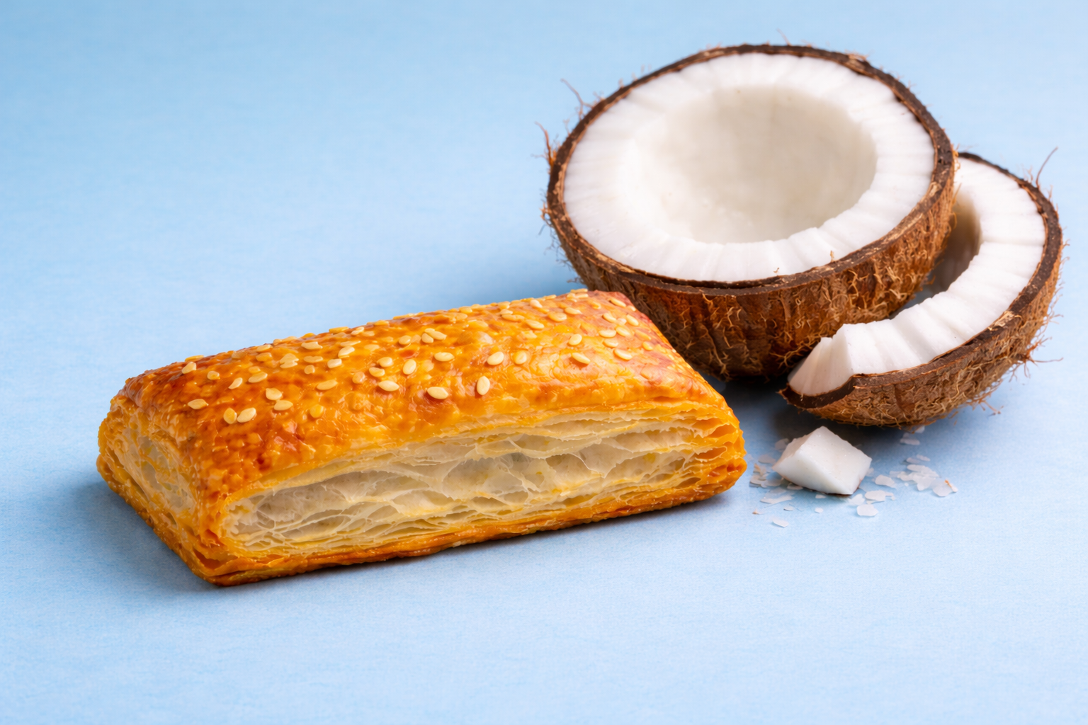 Coconut puff pastry next to a halved coconut on a blue background.