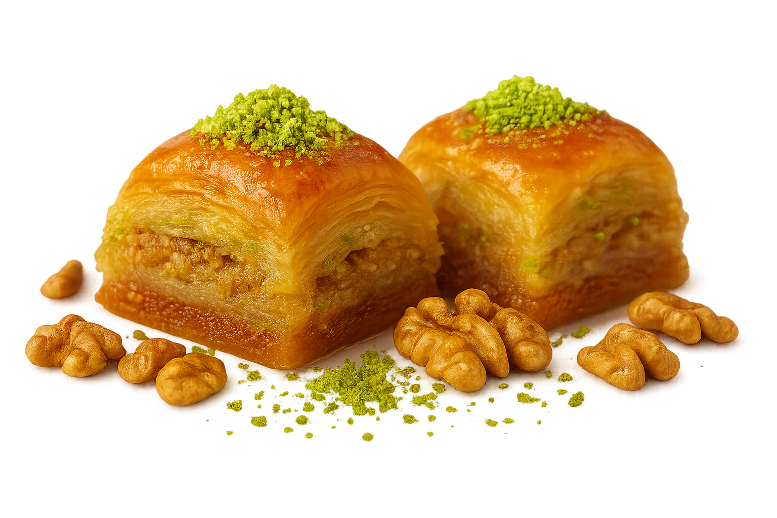 Two squares of baklava topped with green pistachios and walnuts on a white surface.