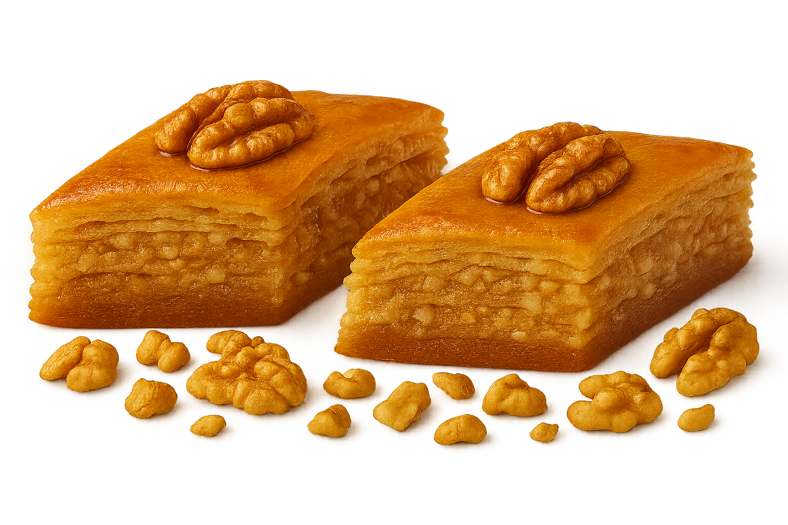 Two pieces of pakhlava with walnut topping, surrounded by walnut pieces on a white background.