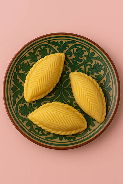 Three shekarbura pastries on a green plate with a brown rim, set against a pink background.