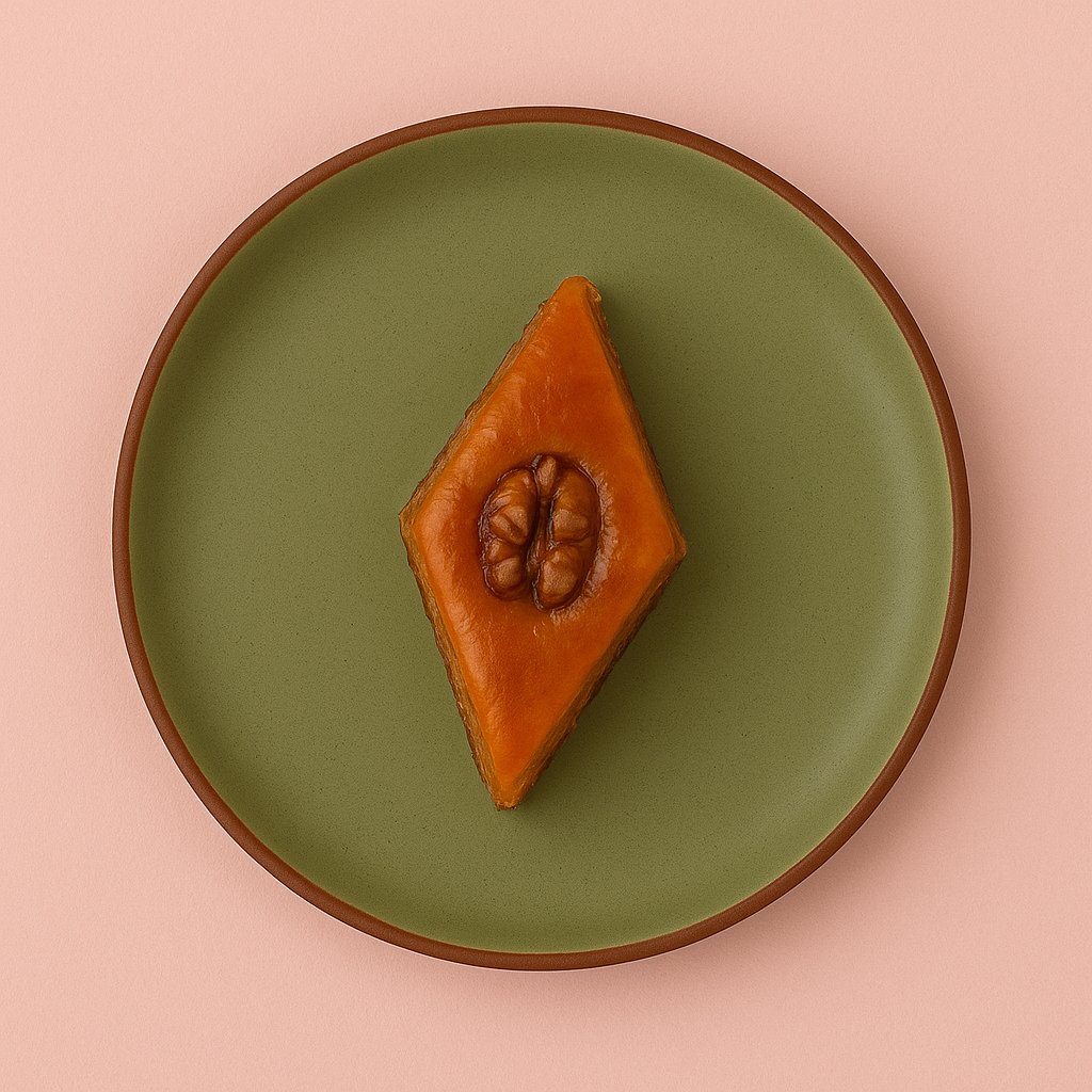 Diamond-shaped pastry (pakhlava) topped with a walnut, on a green plate with a brown rim, set on pink background.