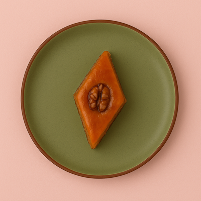 Diamond-shaped pastry (pakhlava) topped with a walnut, on a green plate with a brown rim, set on pink background.