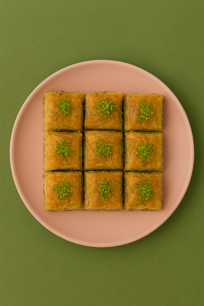 Nine square baklava pastries on a pink plate, sprinkled with green pistachios, against a green background.