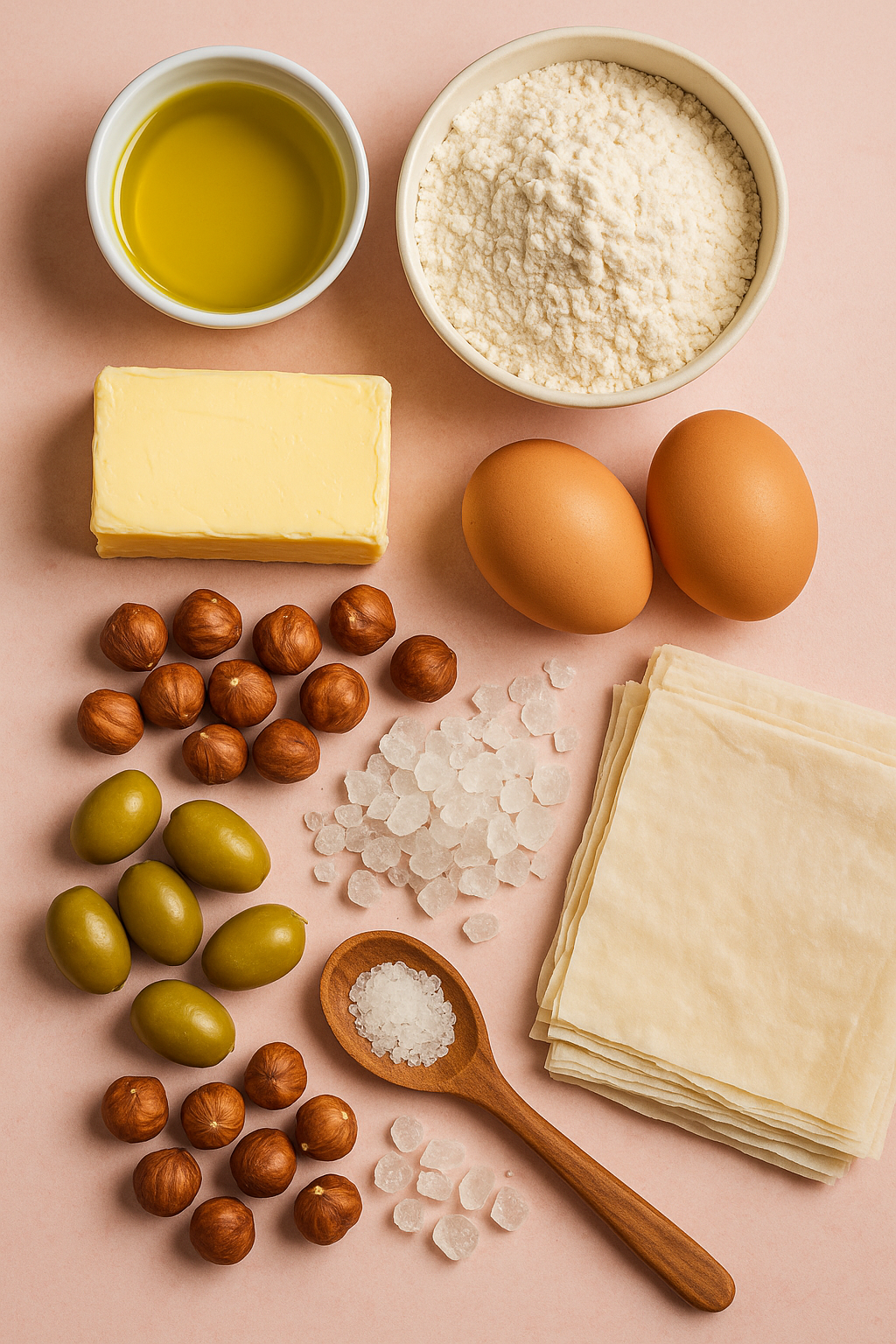 Ingredients, including flour, butter, eggs, olive oil, hazelnuts, olives, salt, and phyllo dough on pink surface.