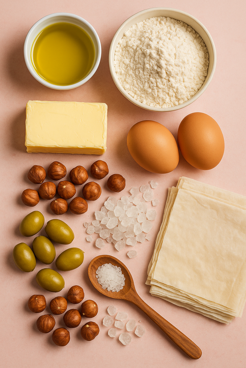 Ingredients, including flour, butter, eggs, olive oil, hazelnuts, olives, salt, and phyllo dough on pink surface.