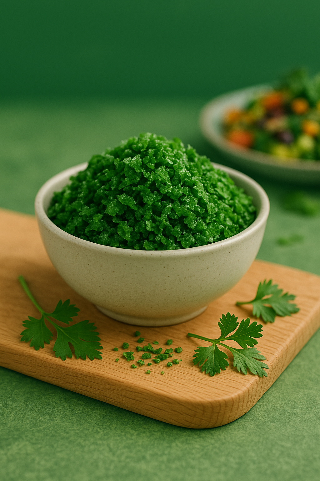 Bowl of green couscous on wooden board, with cilantro sprigs and a salad in the background.