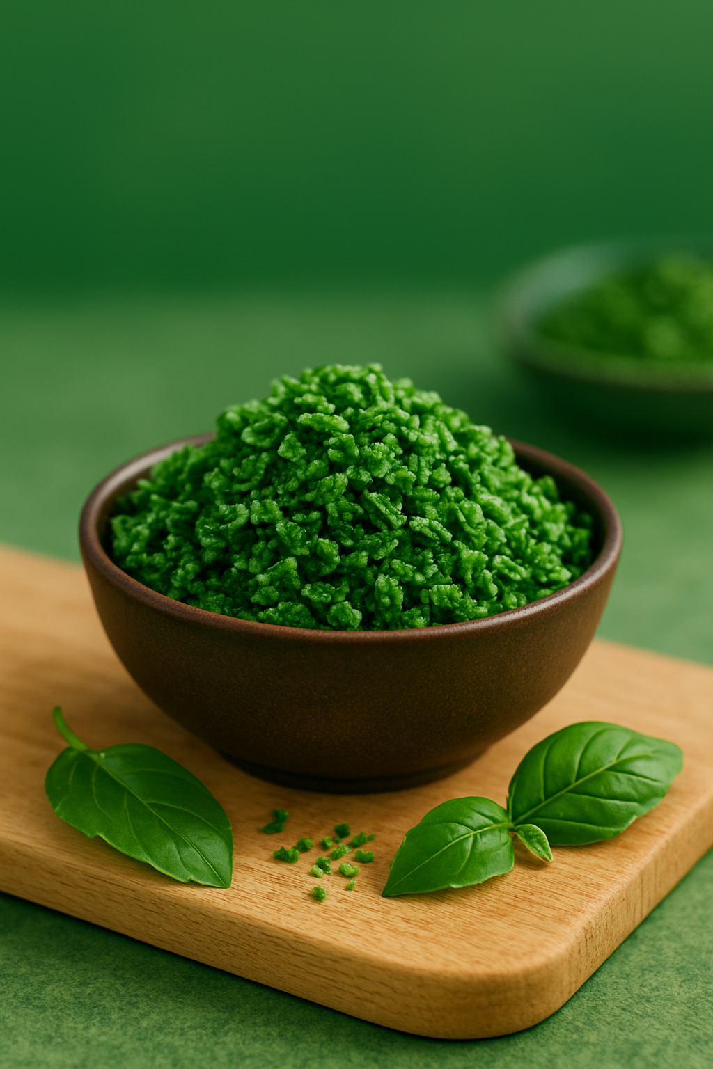 Green textured food in brown bowl on wooden board with basil leaves.