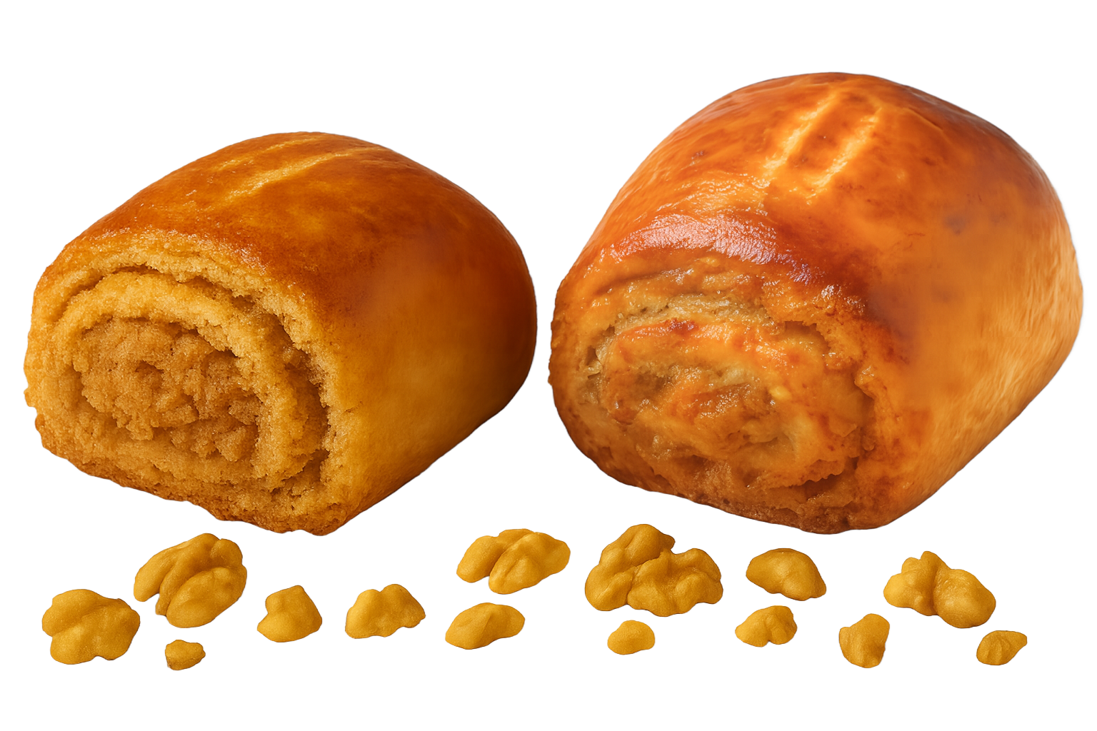 Two golden, swirled pastries with a walnut filling and garnish