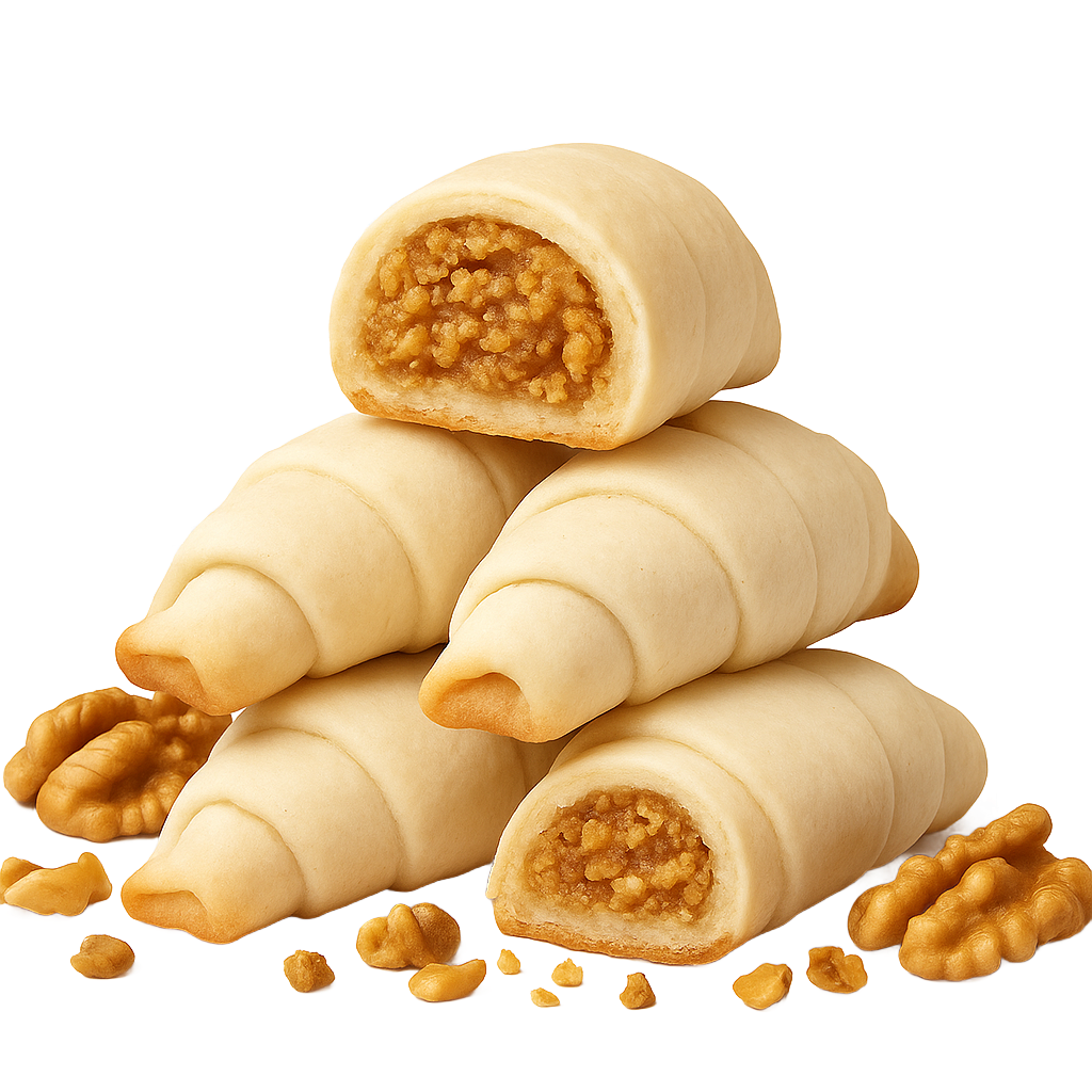 Pile of crescent-shaped cookies filled with a textured, wulnut filling; walnuts scattered around the base.