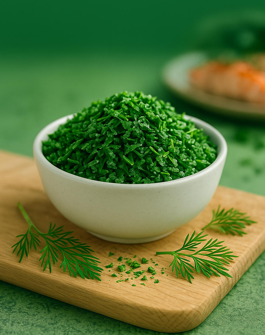 White bowl filled with chopped green herbs, on a wooden board. Dill sprigs around the bowl and salmon in the background.