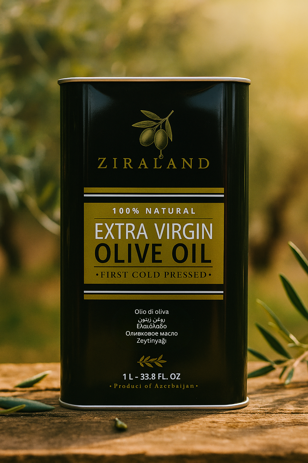 Black olive oil tin labeled 