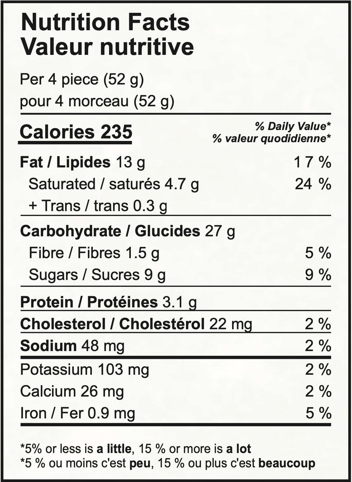 Nutritional facts label for a food product, showing calorie count, fat, carbohydrate, and other nutrient information.